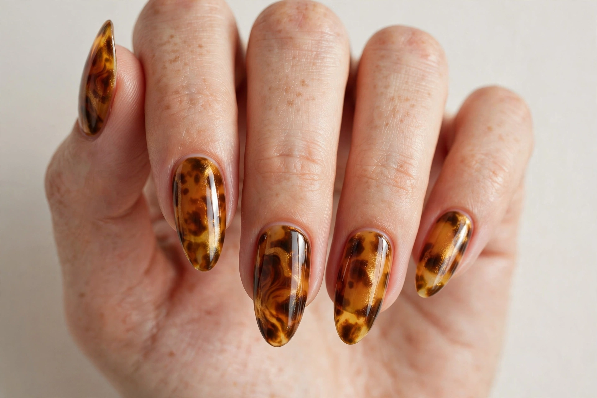 Golden tortoiseshell nail art in amber and brown on long almond nails