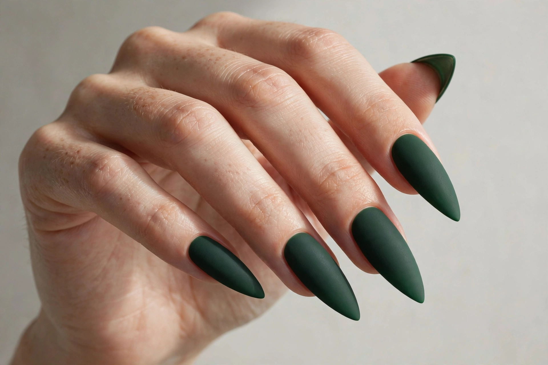Matte forest green manicure on long stiletto shaped nails