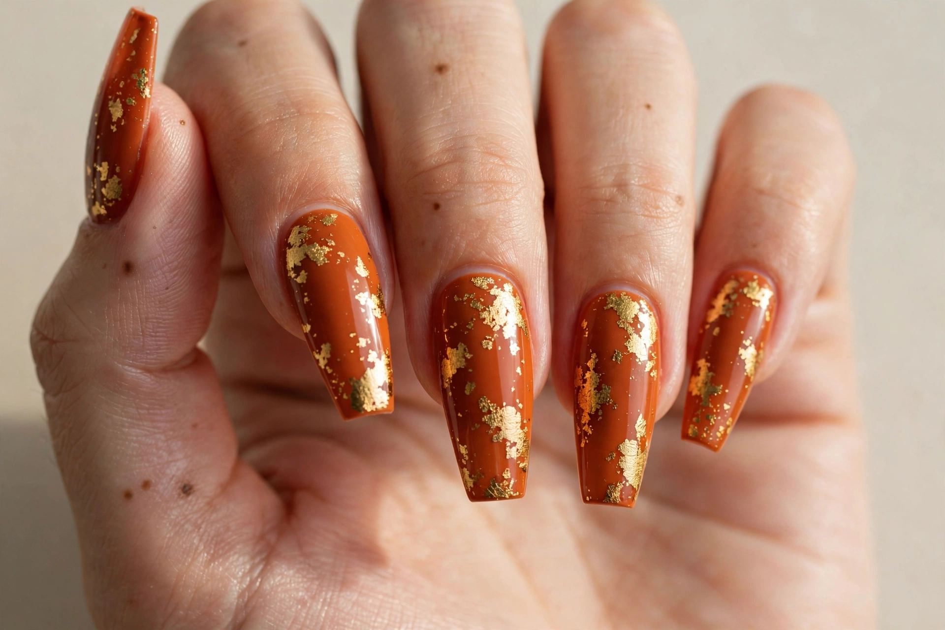 Burnt orange nails with gold foil flake accents on long coffin nails