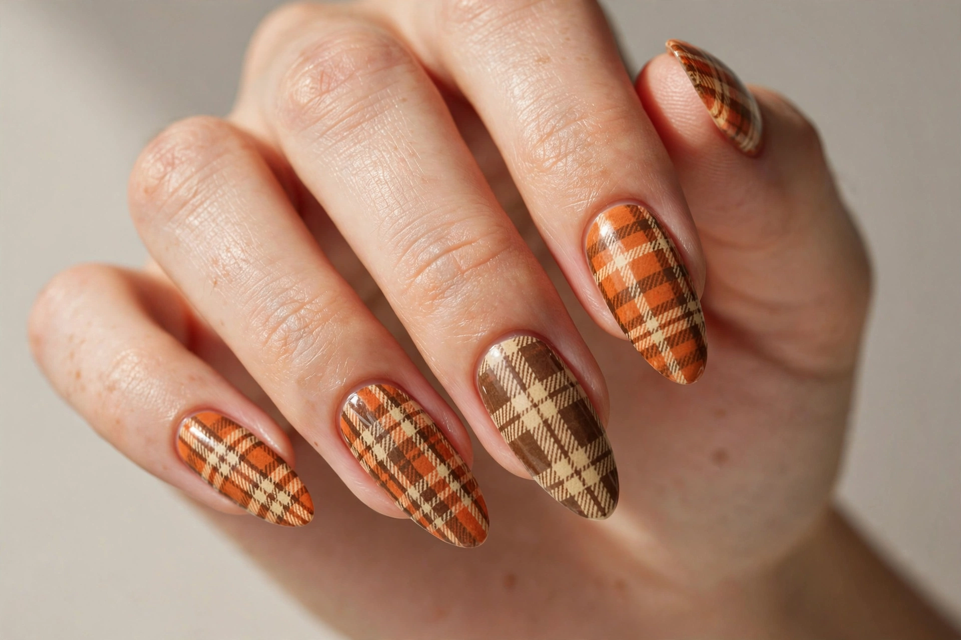 Plaid flannel pattern nail art in orange brown and cream on long almond nails