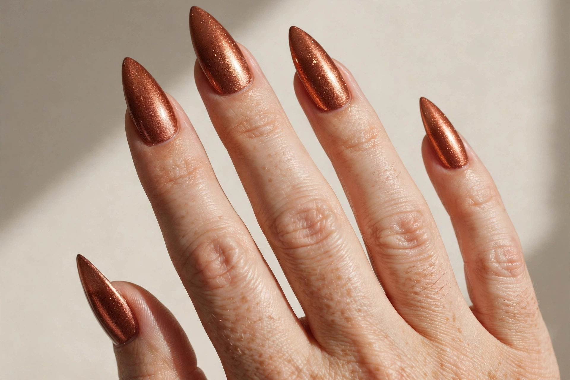 Copper metallic shimmer manicure on long stiletto shaped nails