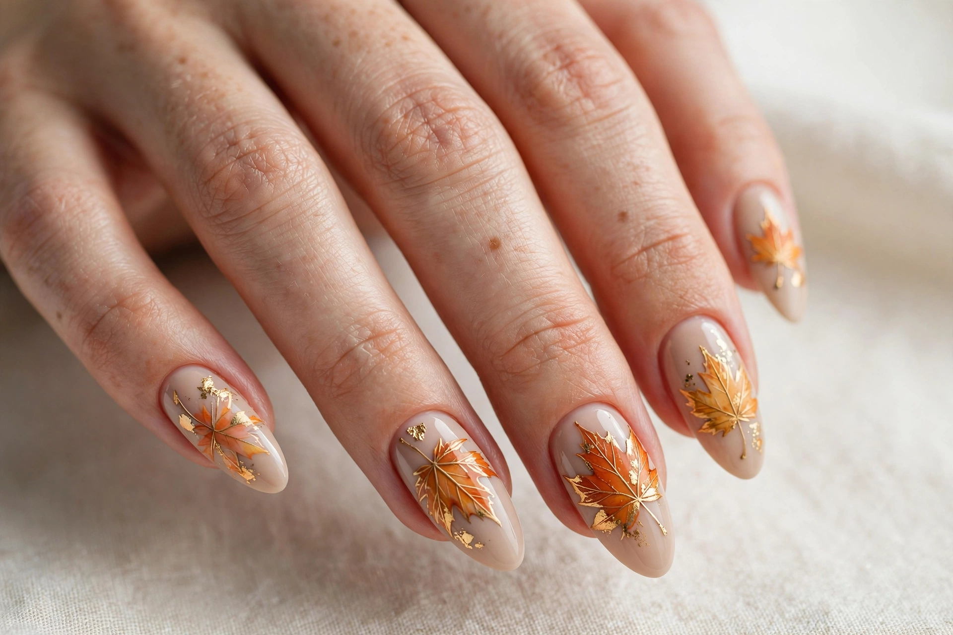 Nude nails with hand-painted autumn maple leaf art in orange and gold on long almond nails