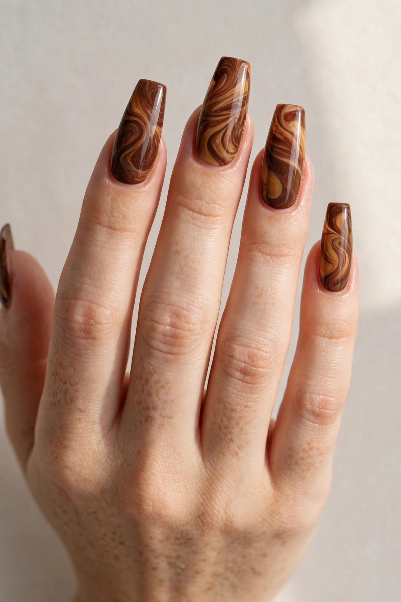 Chocolate brown and caramel marble swirl nail art on long coffin nails