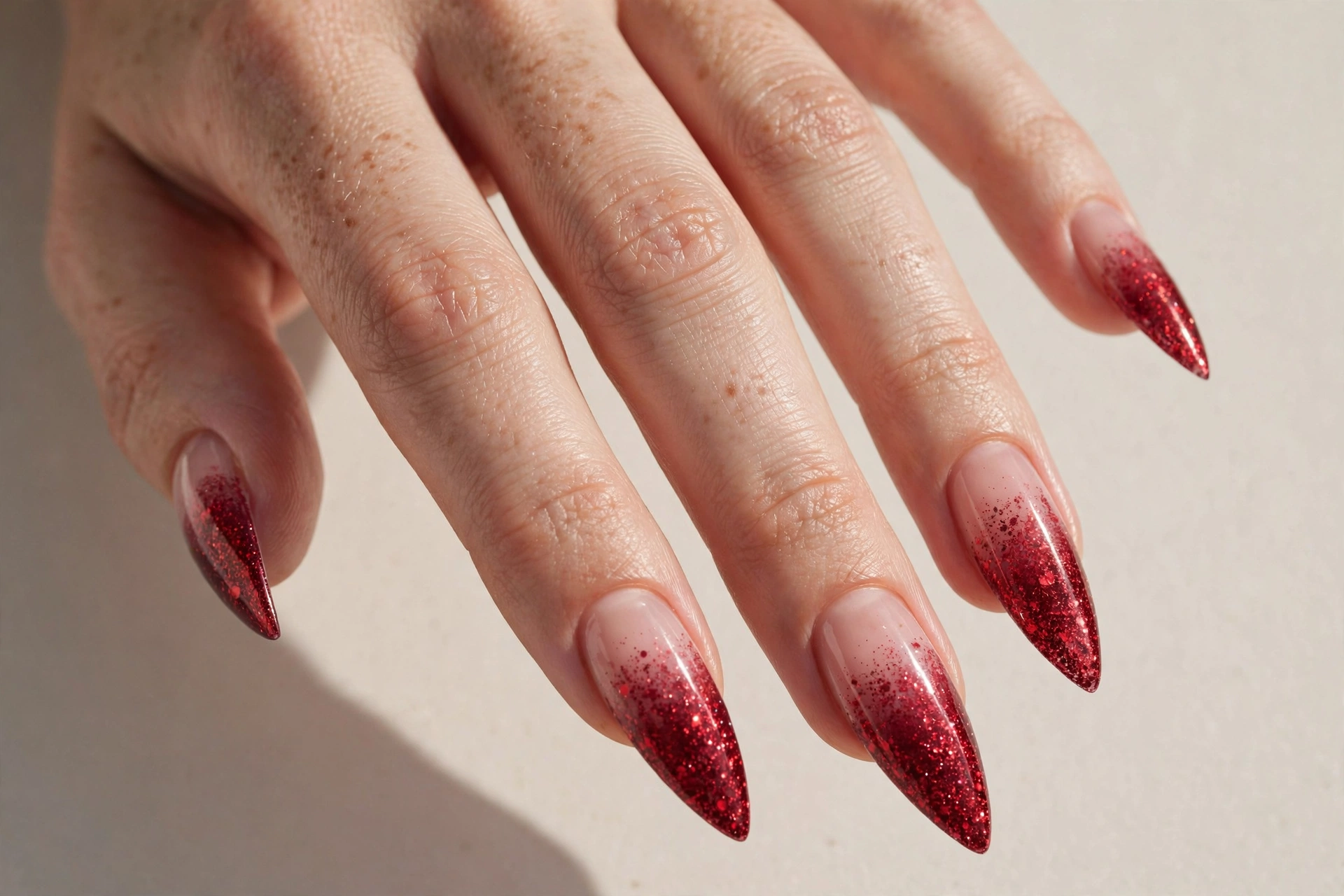 Cranberry red glitter fade ombre manicure on long stiletto nails