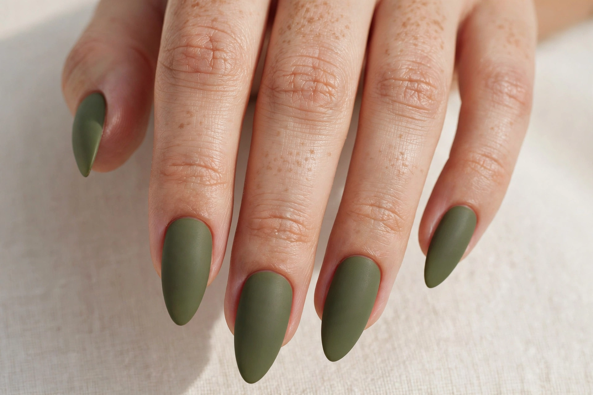 Matte olive green manicure on long almond shaped nails