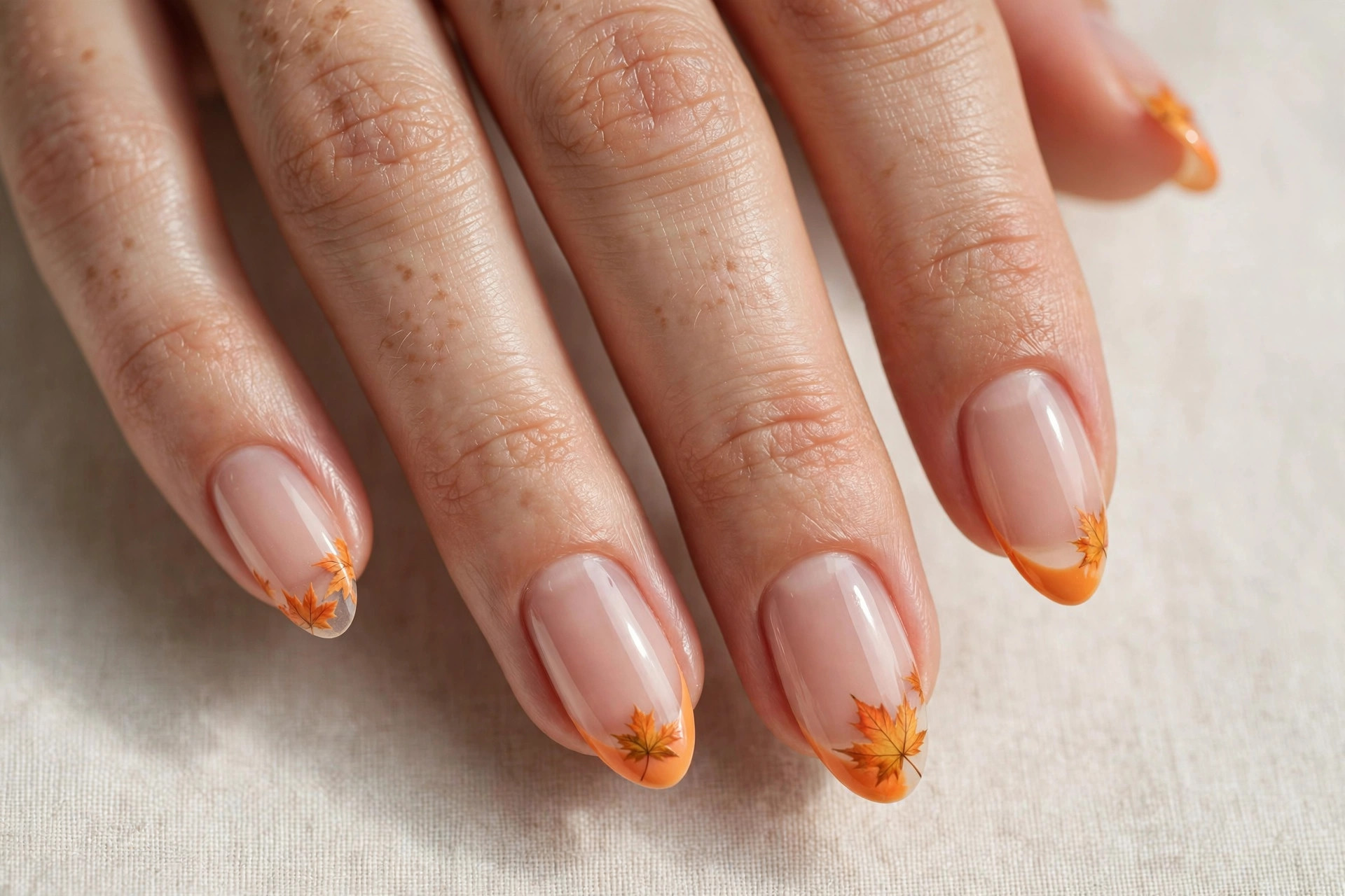 Close-up of a woman's hand with sheer nude manicure with orange maple leaf French tips nail art on almond shaped nails
