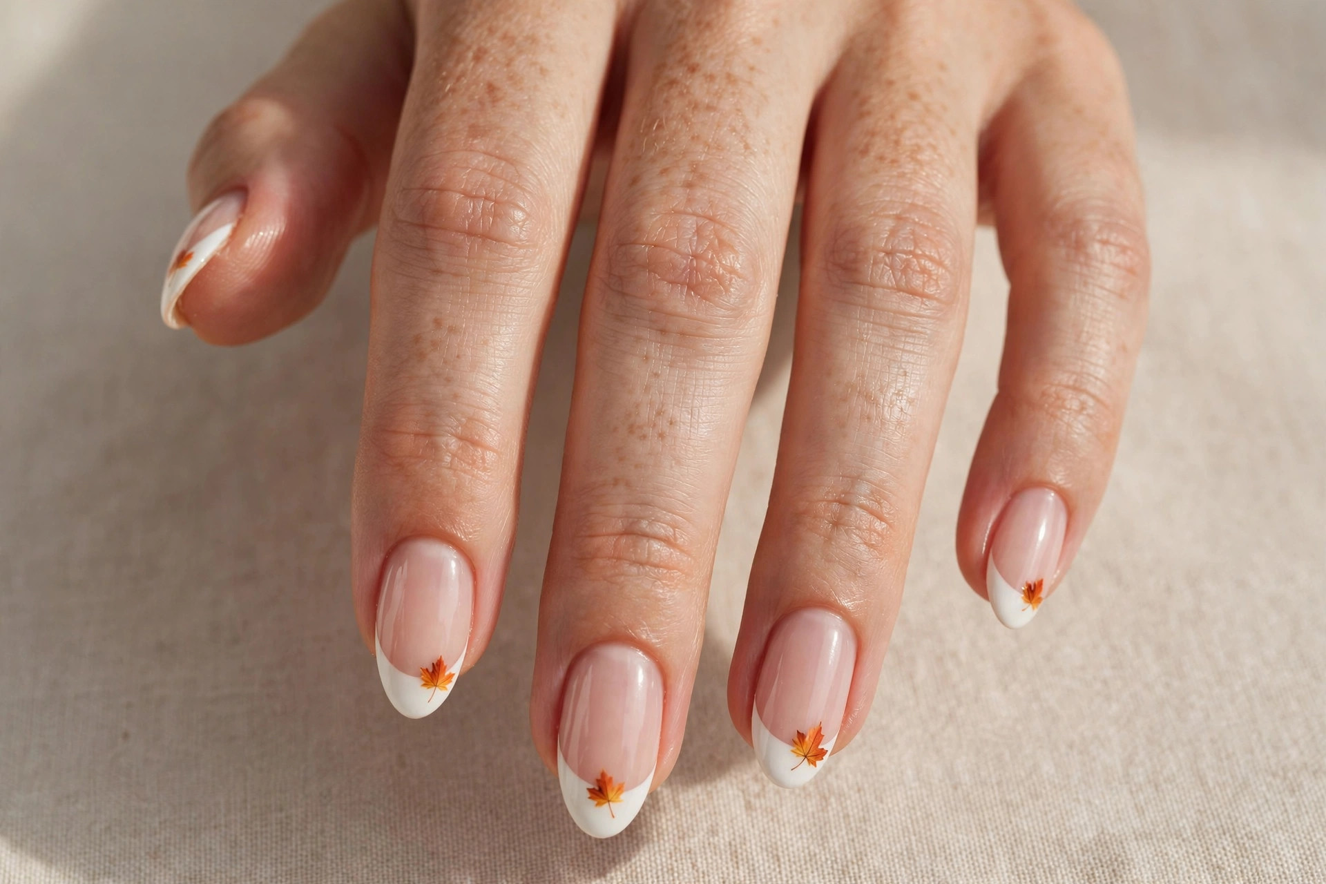 French tip fall nail art with tiny orange maple leaves
