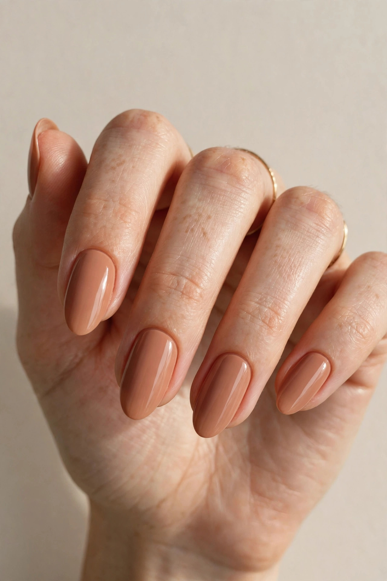 Close-up of a woman's hand with warm maple nude fall manicure