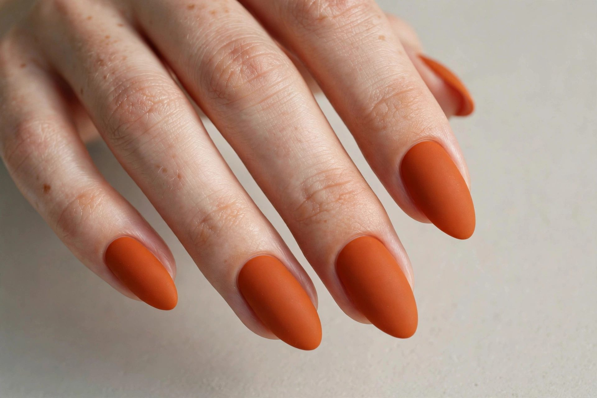 Matte burnt orange nails on almond-shaped nails