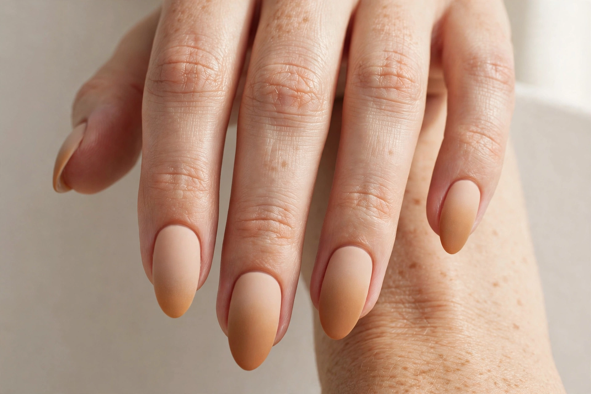 Matte caramel latte ombre nails fading from nude to caramel