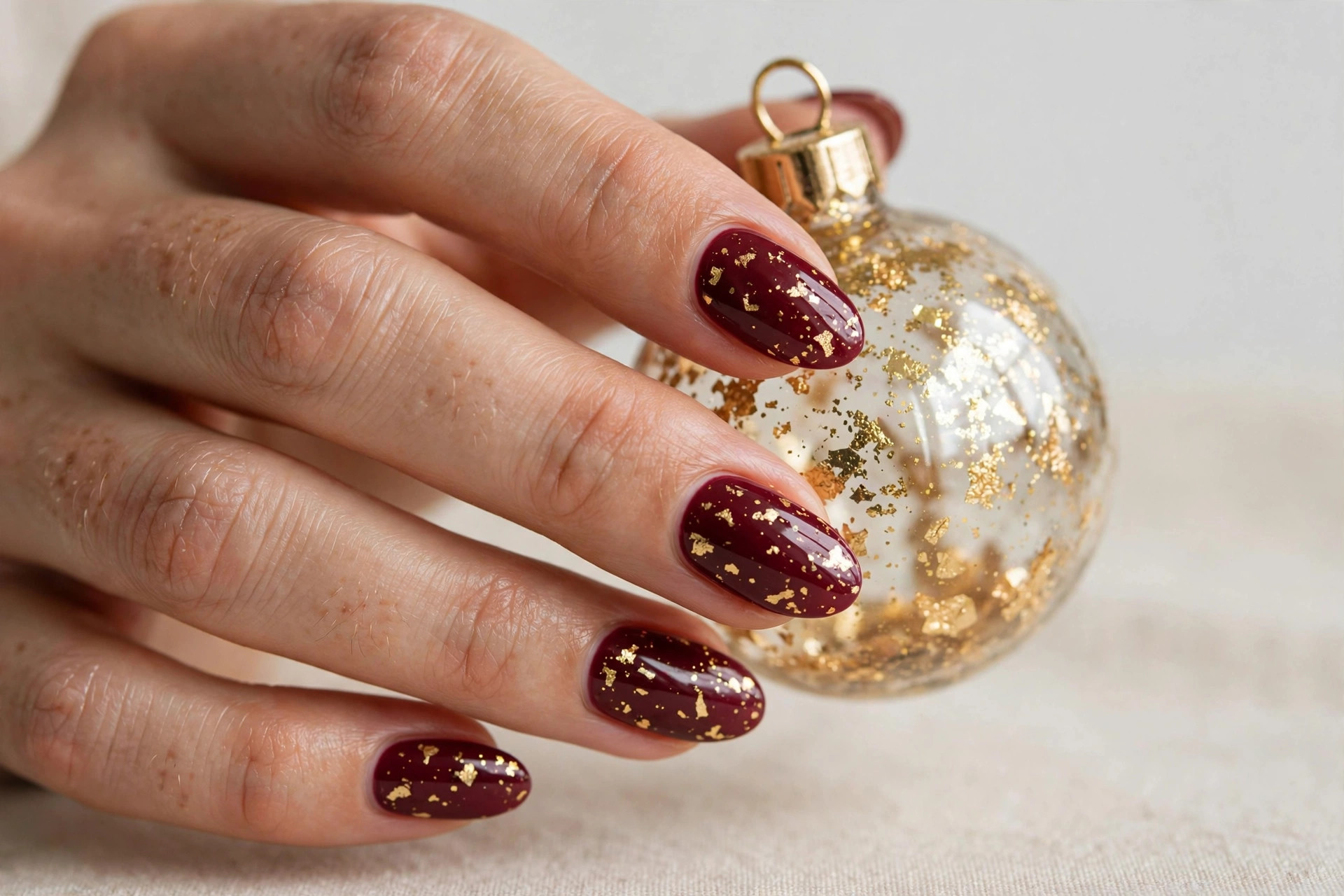Rich burgundy manicure with scattered gold foil confetti pieces