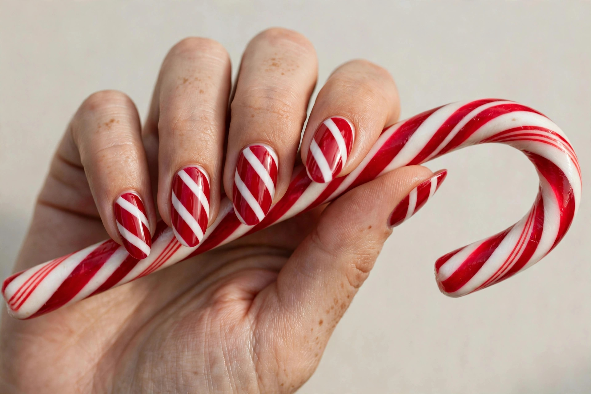 Glossy red and white diagonal candy cane striped manicure