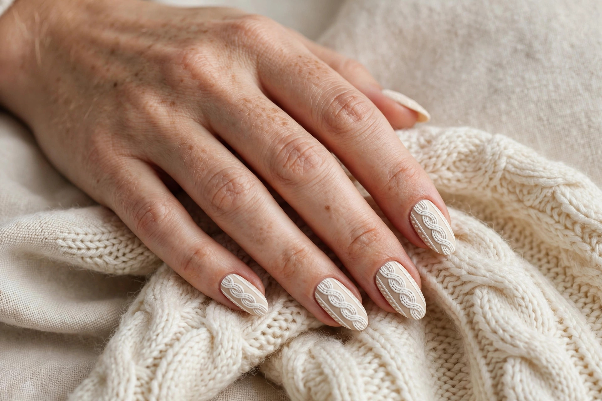 Cream manicure with cozy Christmas sweater knit cable pattern painted in white