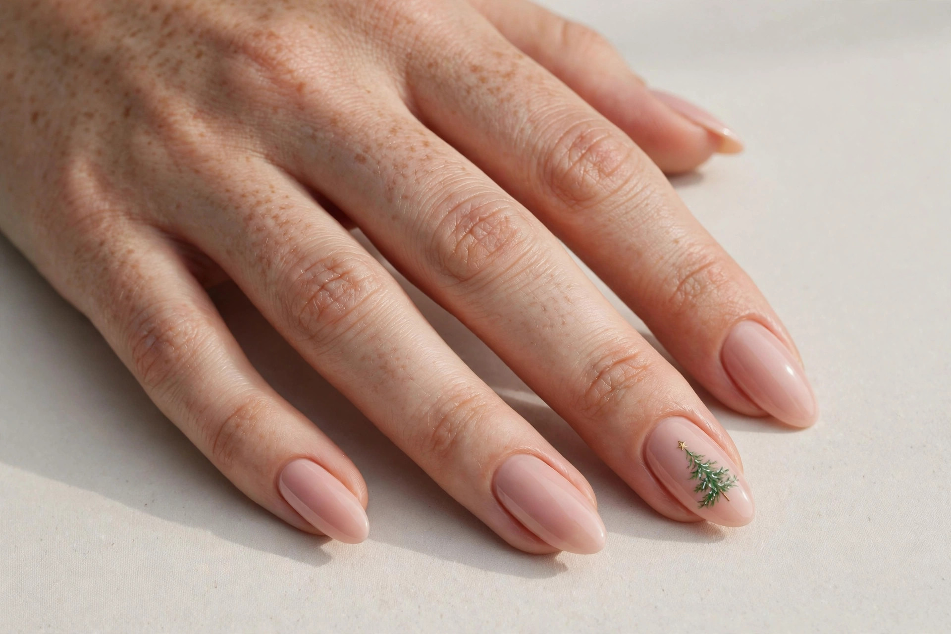 Nude manicure with hand-painted green Christmas tree and gold star on accent nail