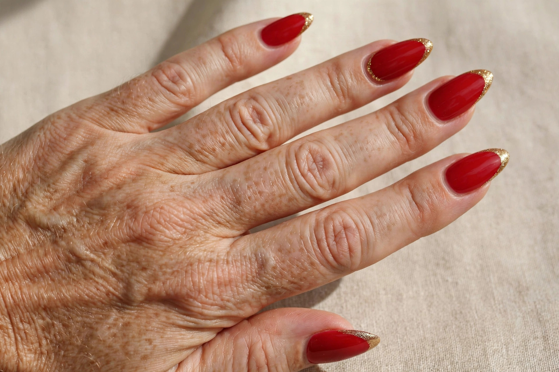 Classic red French tip manicure with gold glitter tips on long almond nails