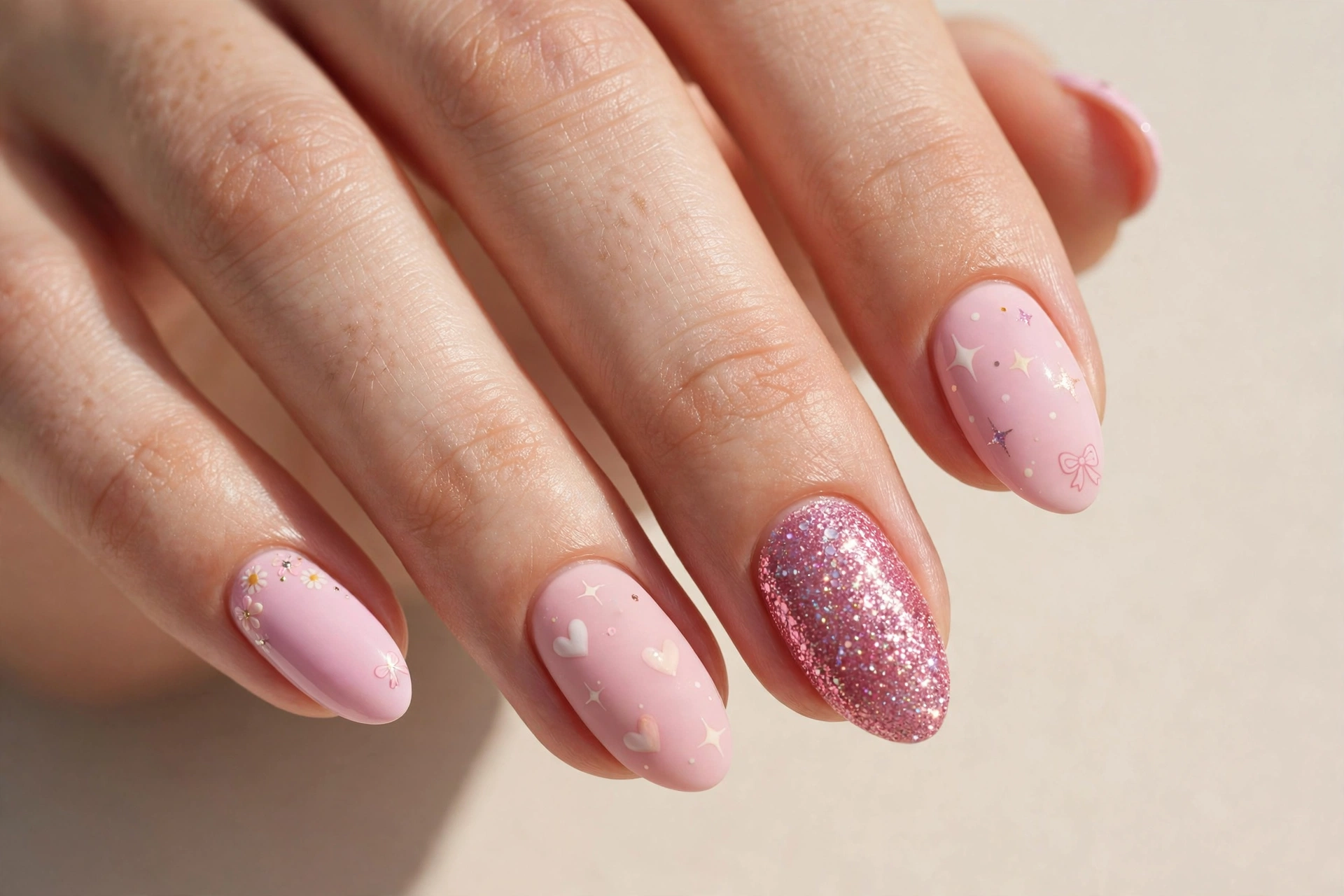 Pink glitter accent cute nails