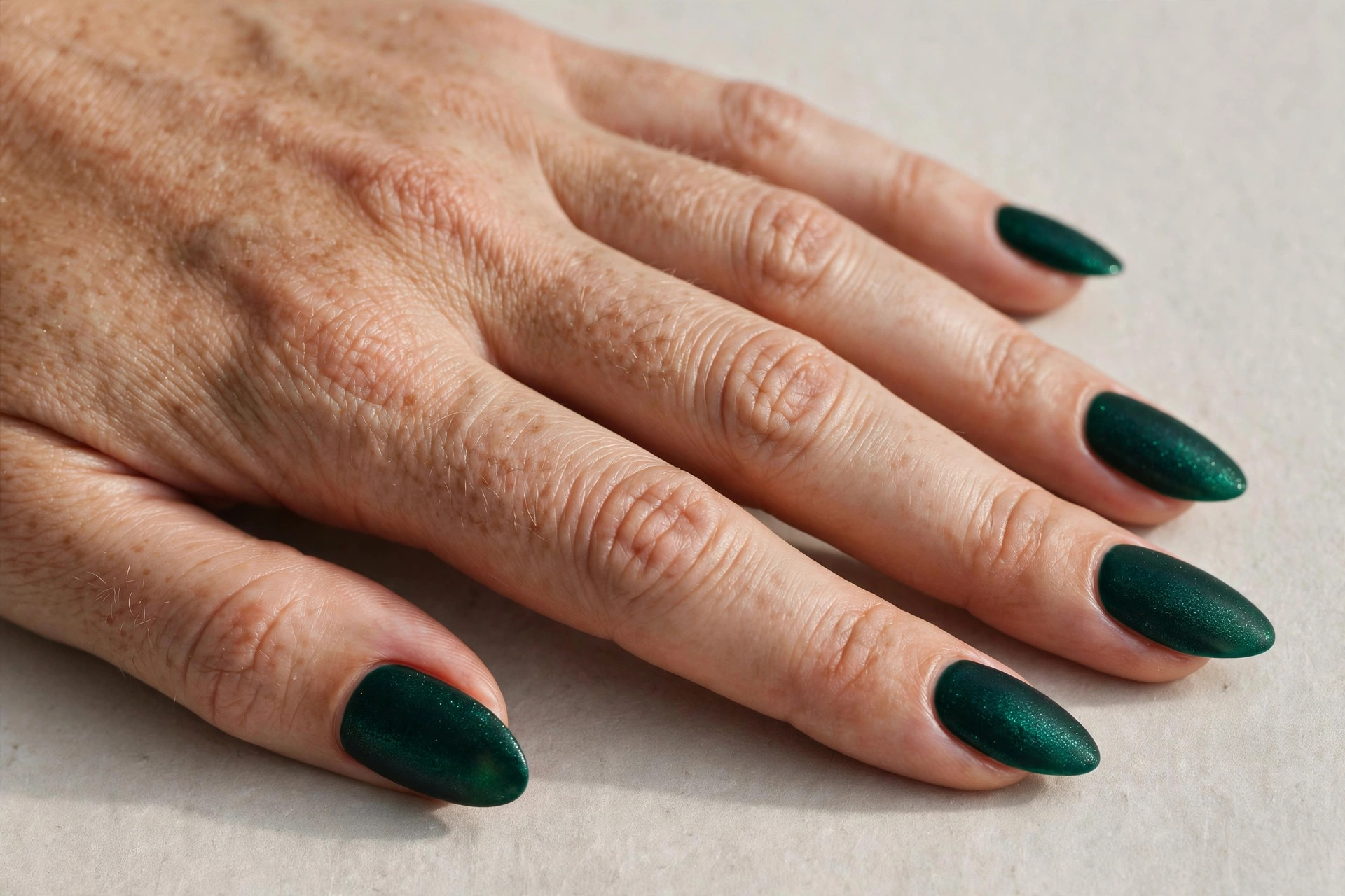 Deep emerald green velvet matte manicure with subtle shimmer