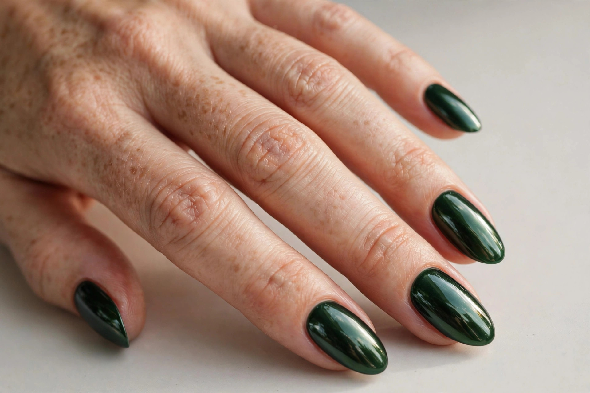 Deep forest green mirror chrome manicure with glossy finish