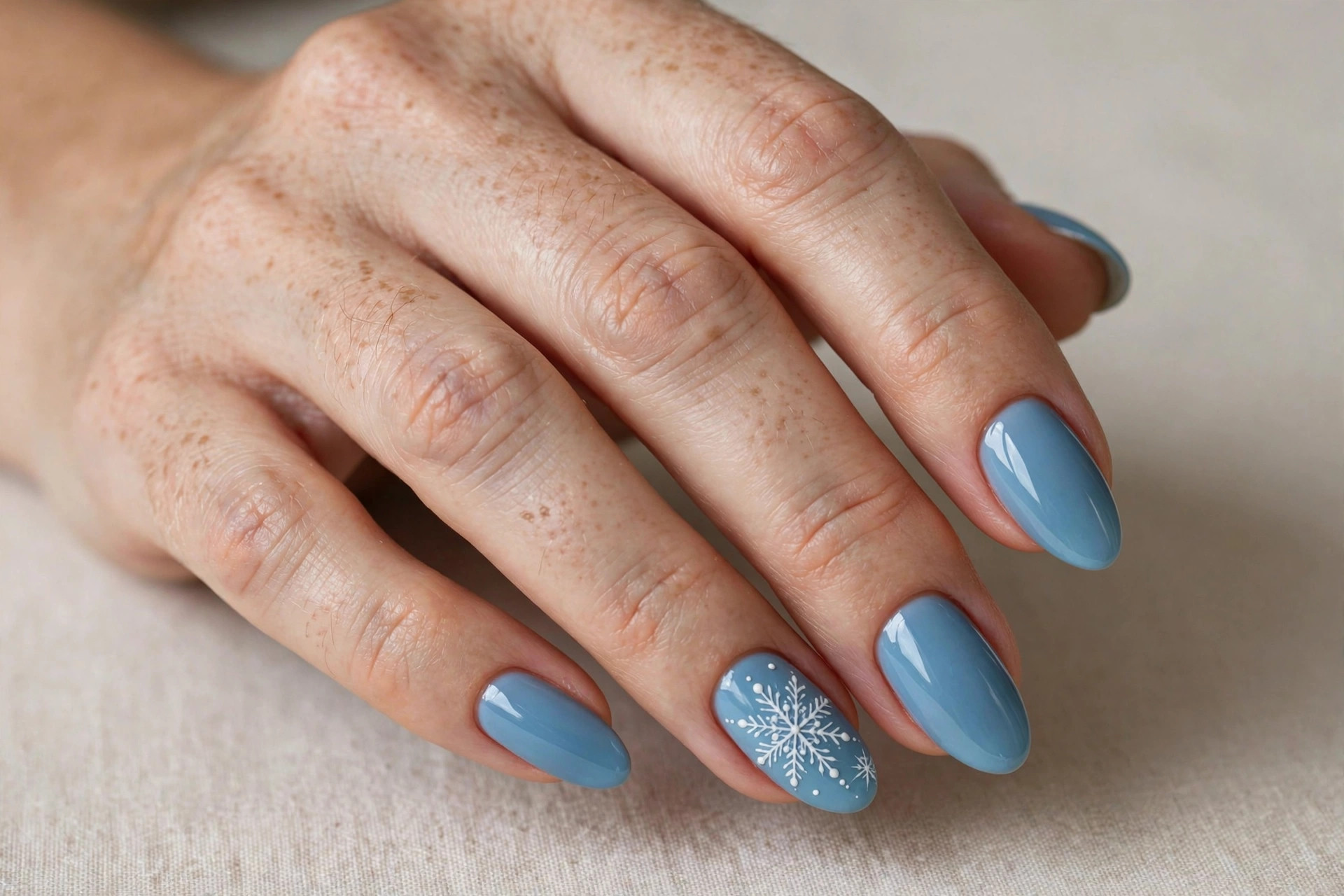 Icy blue manicure with delicate white snowflake nail art on accent nails