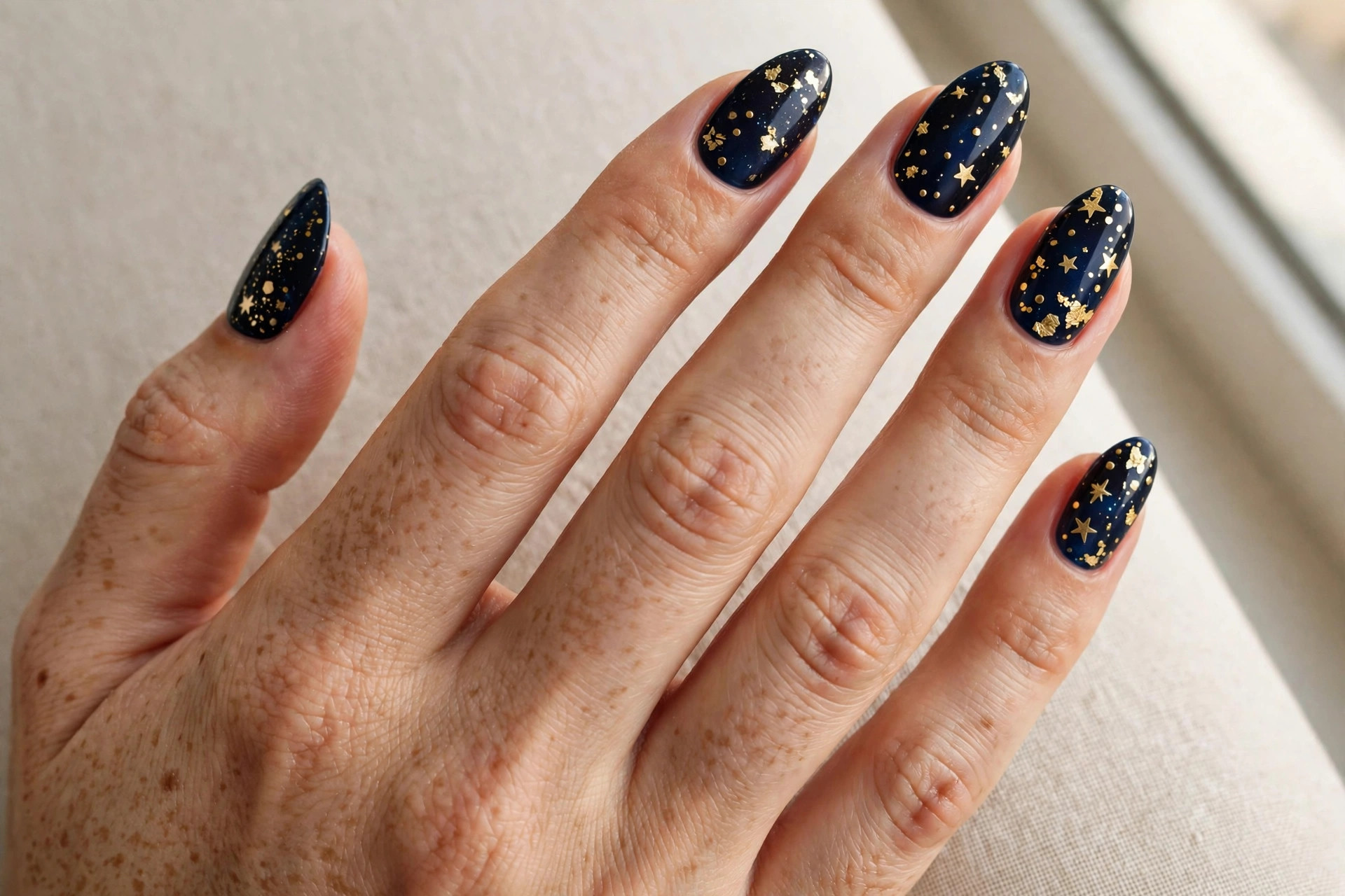 Midnight navy manicure with tiny gold foil stars and dots, night sky effect