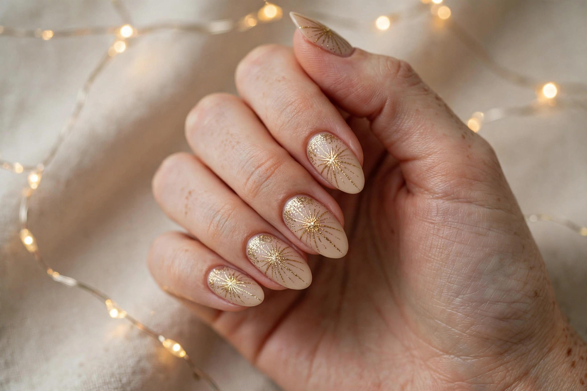Nude manicure with gold starburst glitter art radiating from the cuticles