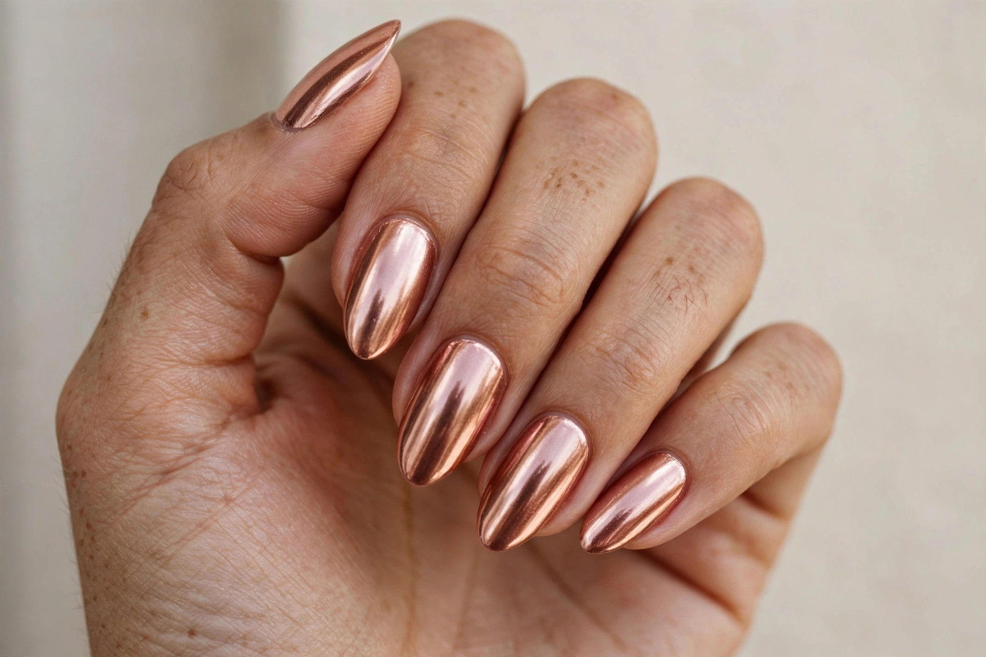 Rose gold metallic chrome manicure with luxurious shine