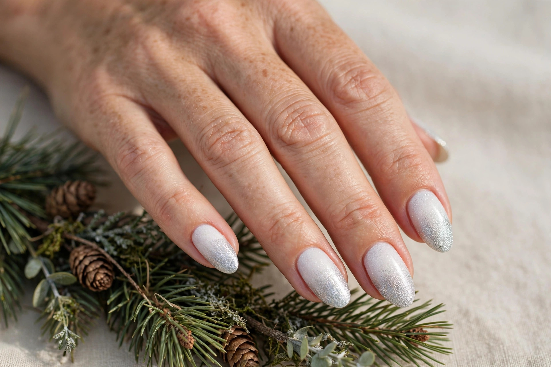 White to silver glitter ombré gradient manicure with frosty shimmer