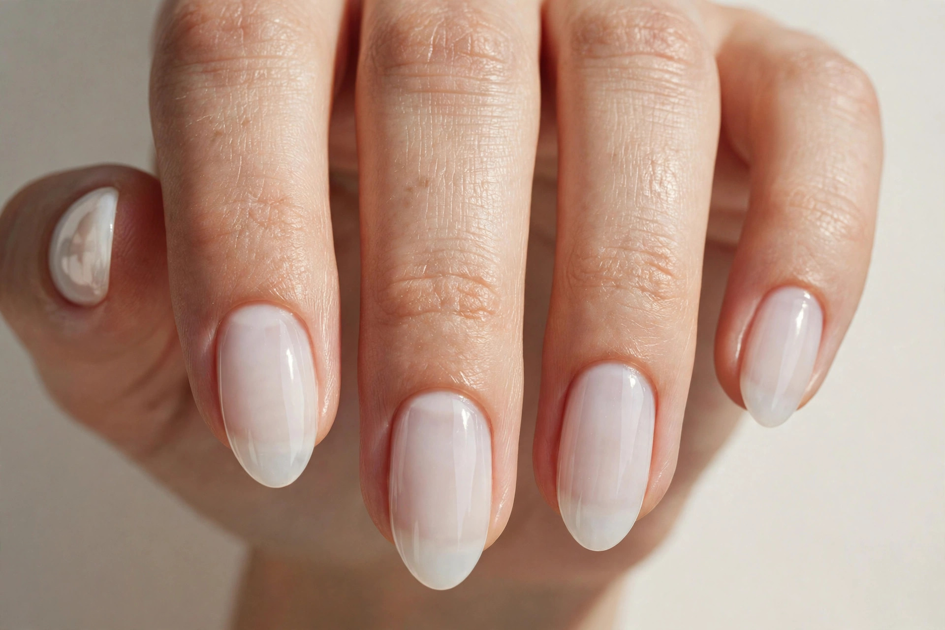Almond nails with a milky white translucent glassy winter manicure