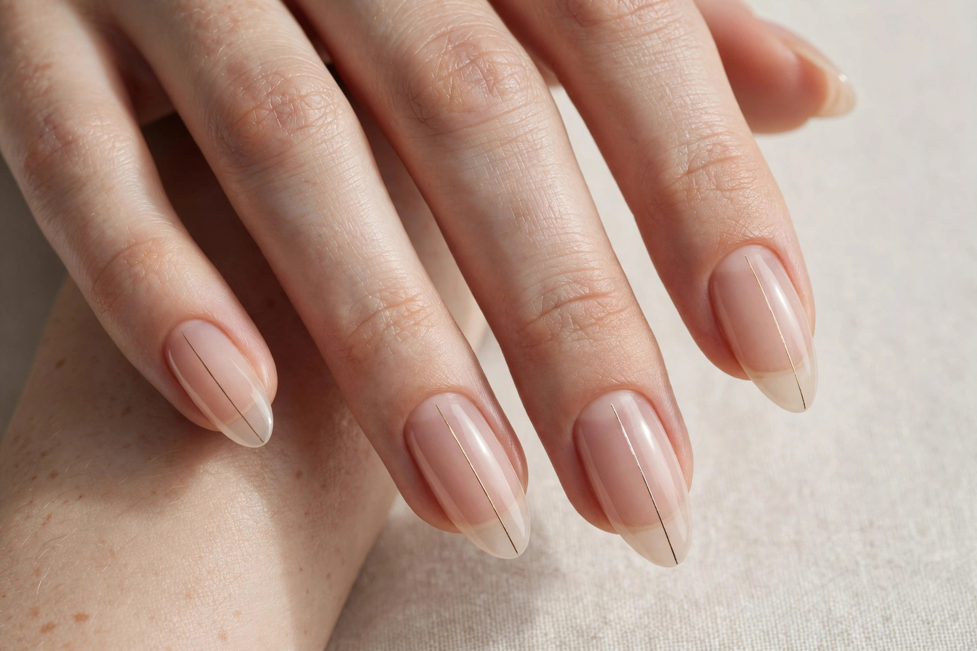 Sheer nude almond nails with minimalist thin gold line nail art