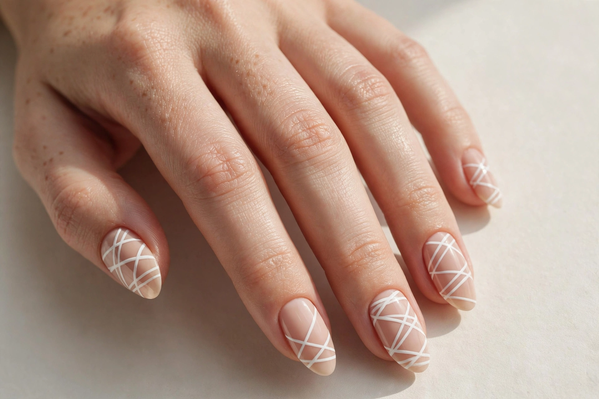 Minimalist mummy nail art with classic white wrap lines on nude almond nails