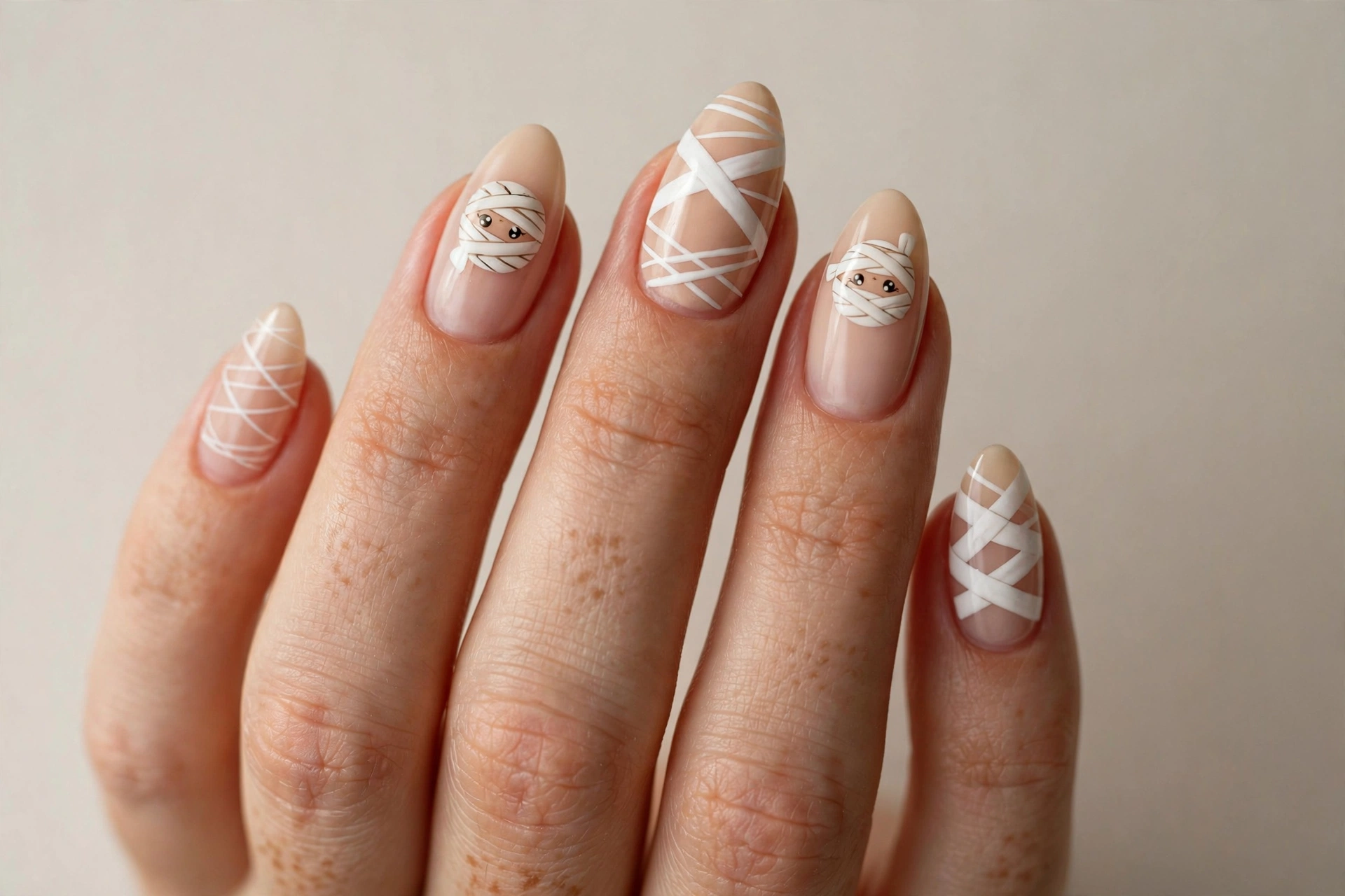 Cute minimalist mummy faces with tiny eyes on accent nails