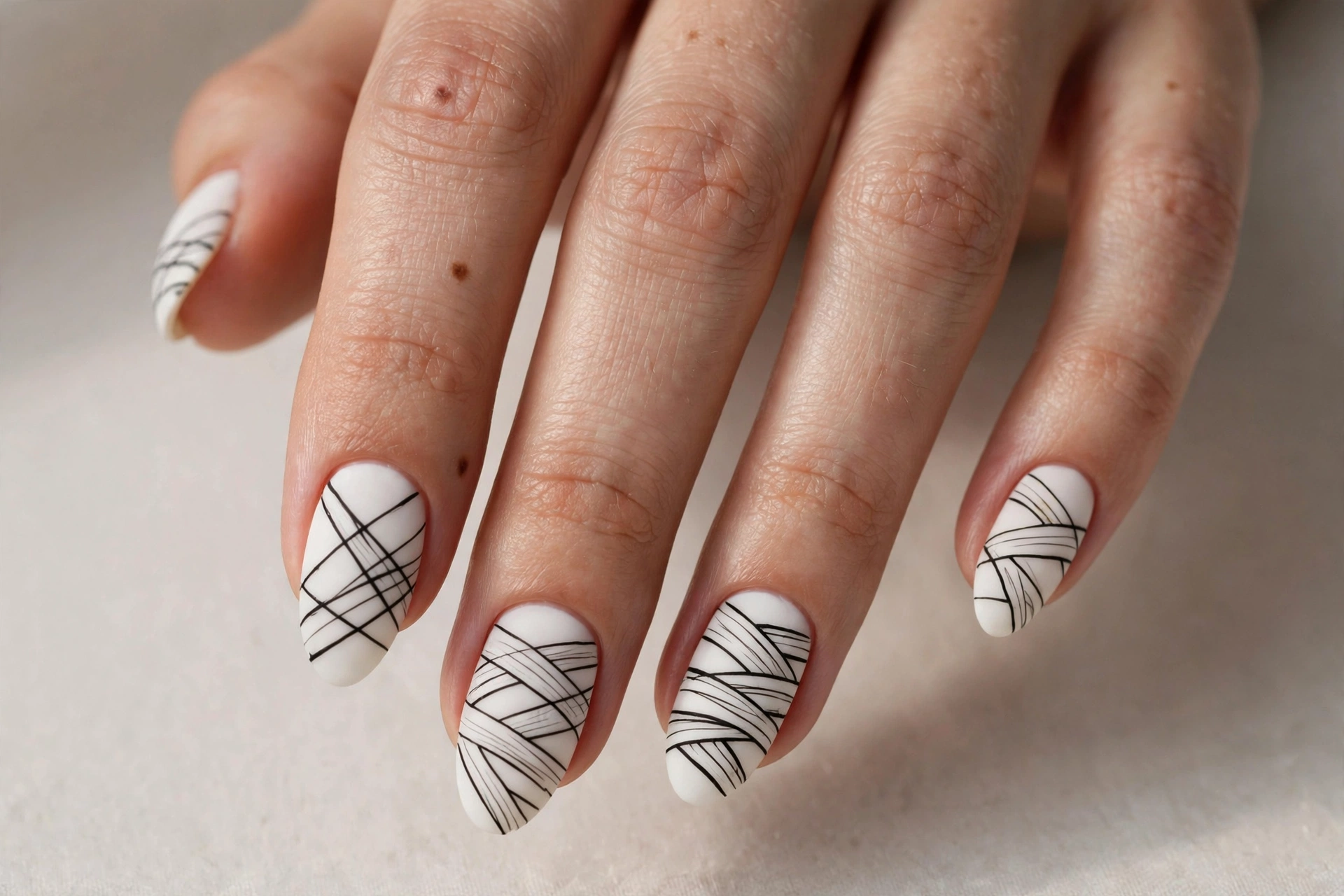 Black mummy wrap lines on matte white nails