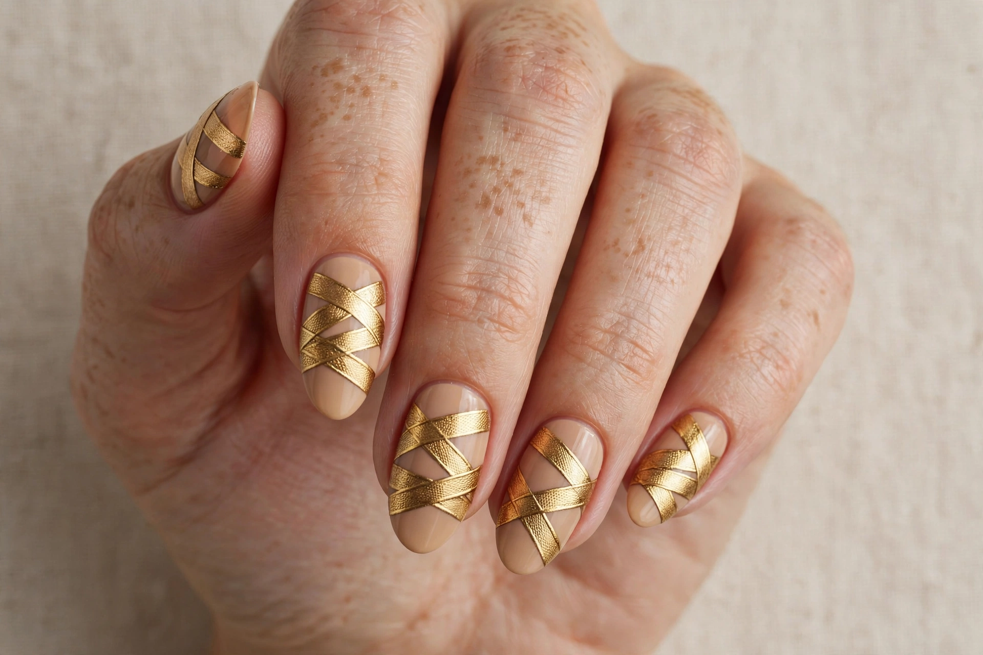 Gold mummy bandage stripes on warm beige nails