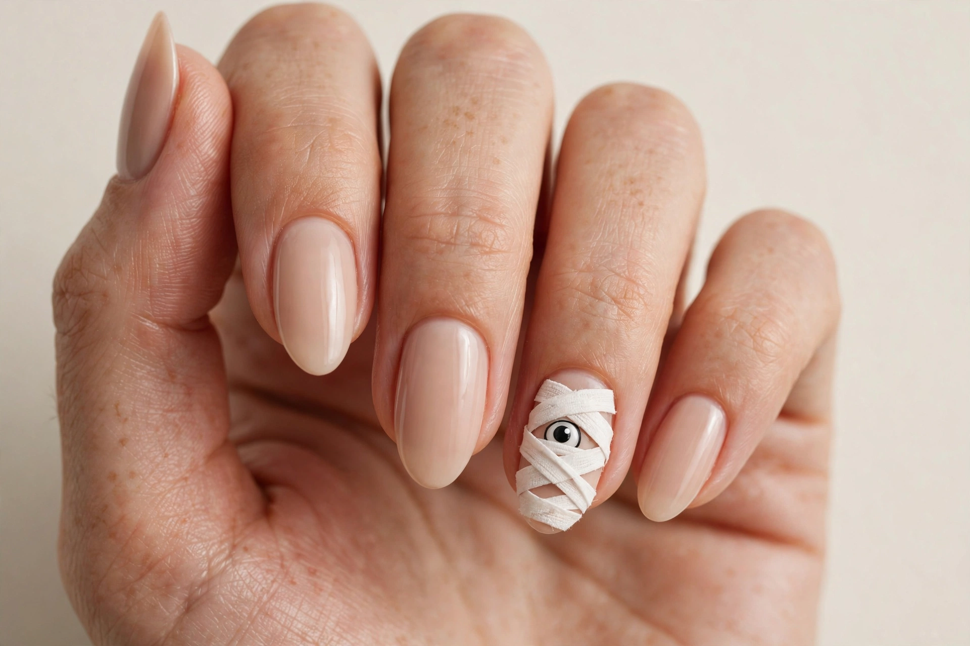 Single mummy eye peeking through white wraps on accent nail