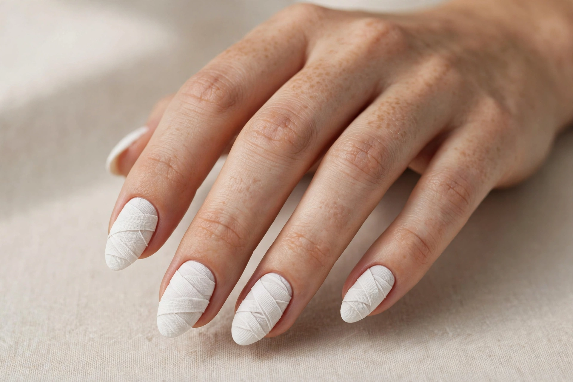 Subtle white-on-white mummy wrap texture on nails