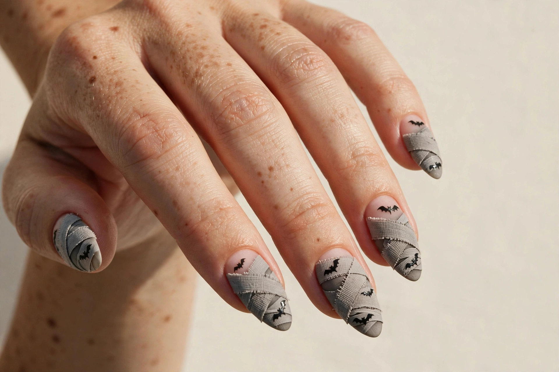 Grey mummy wraps with tiny black bat silhouettes