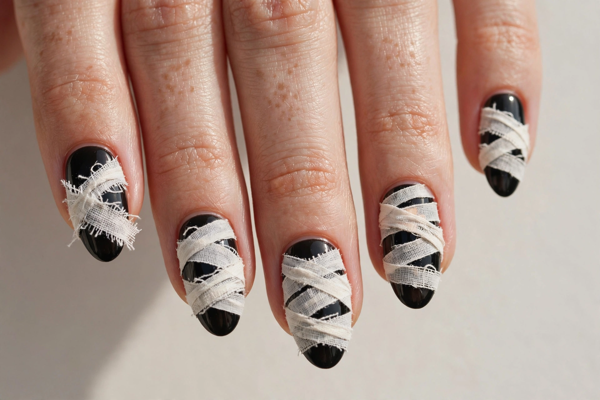 White mummy bandages on black base nails