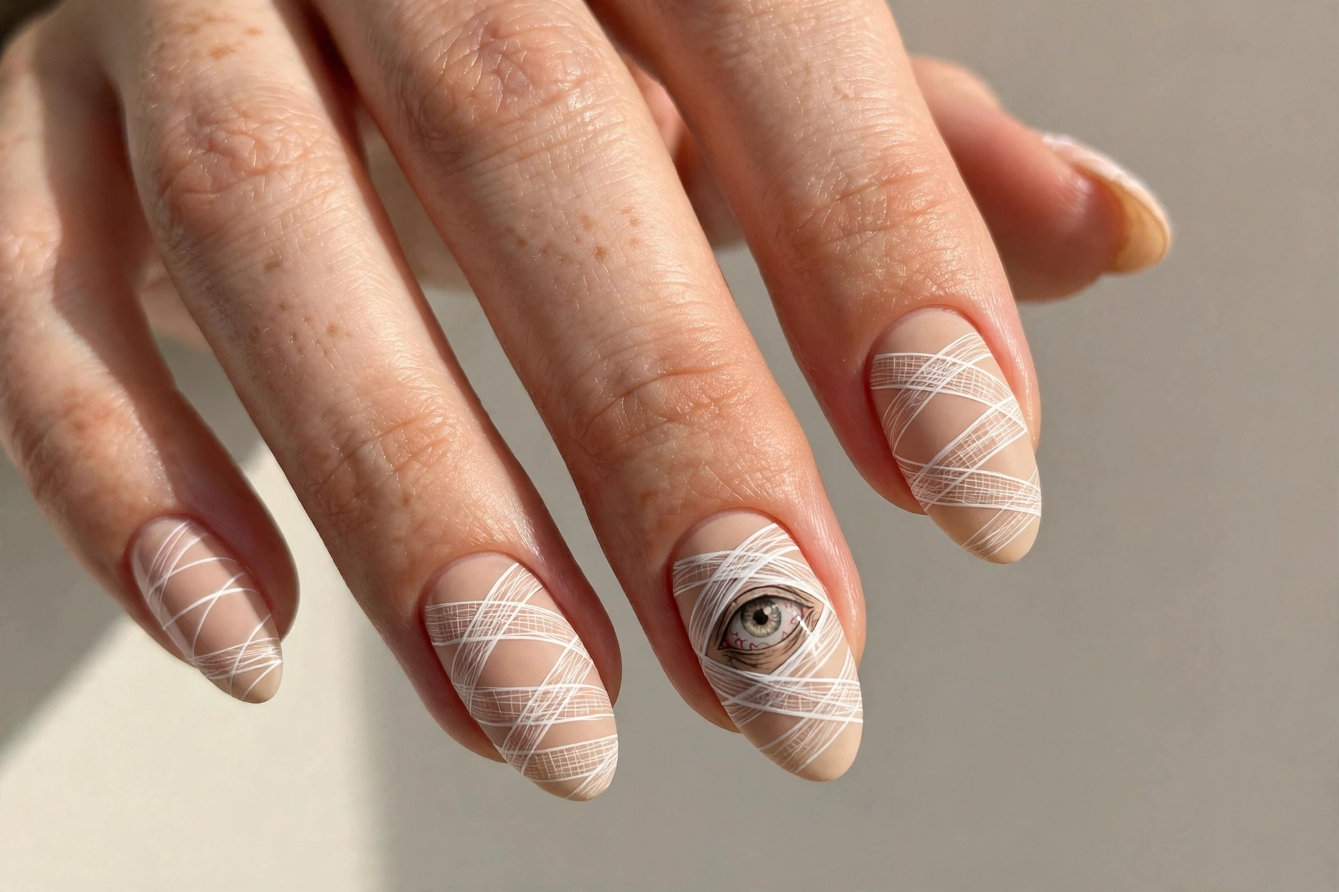 Thin white mummy wraps with spooky eye on nude nails