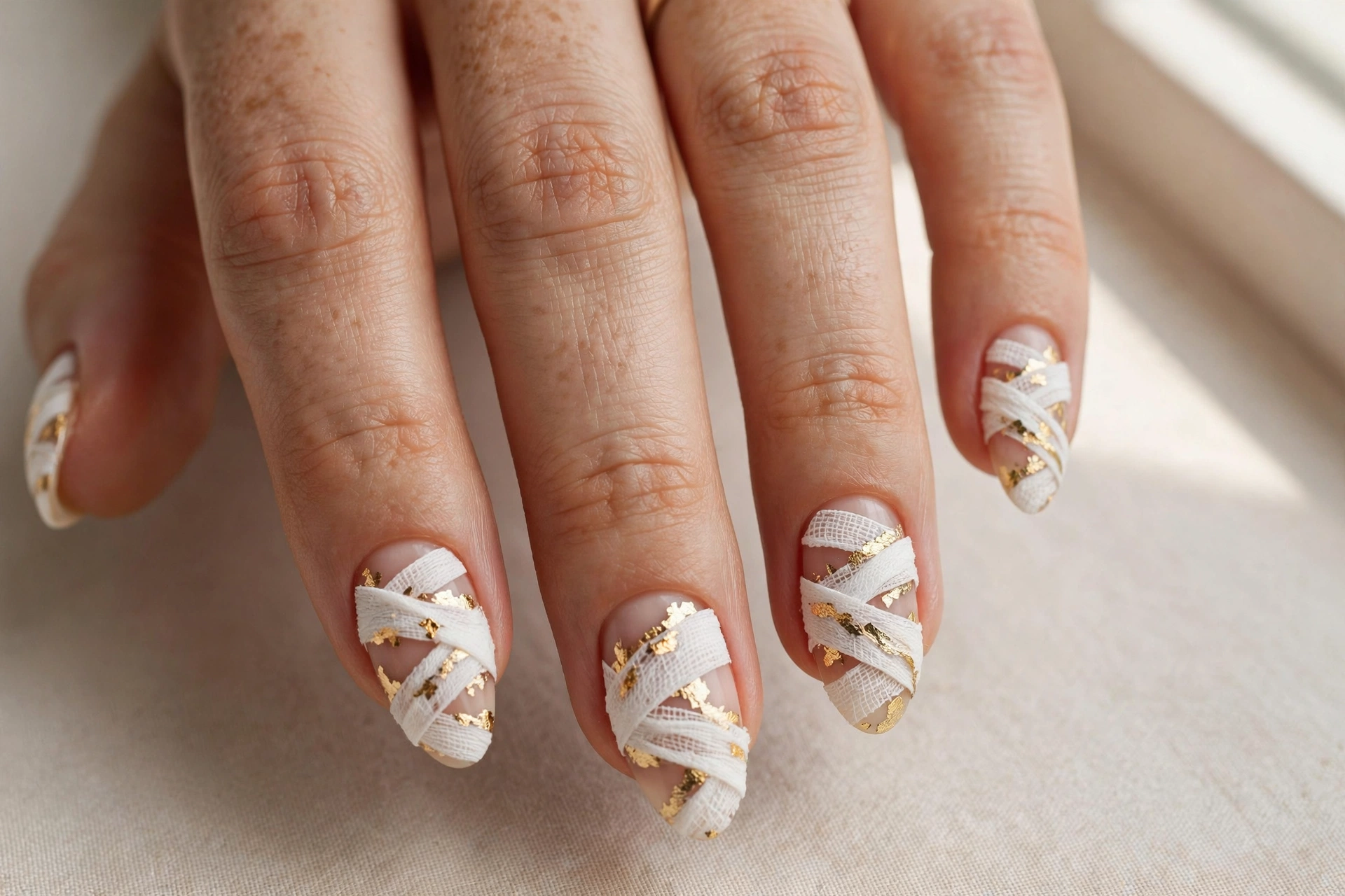White mummy wraps with gold foil accents