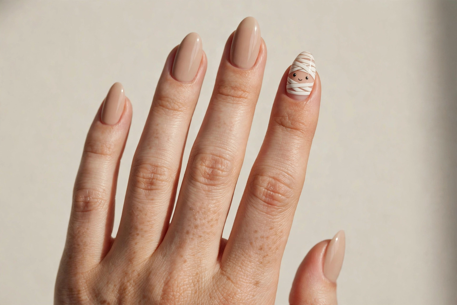 Minimal mummy face on ring finger with nude nails
