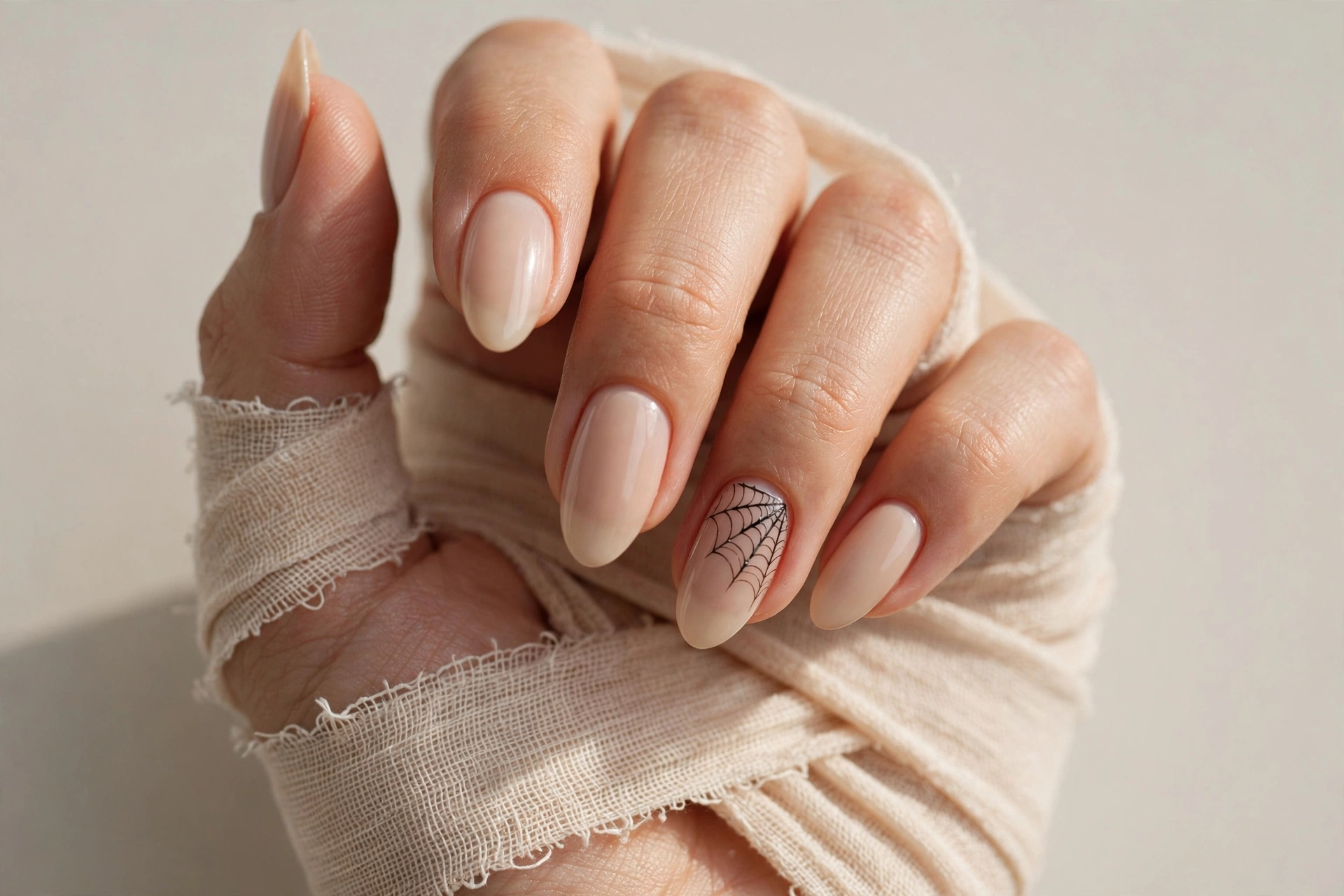Beige mummy wraps with spiderweb accent nail