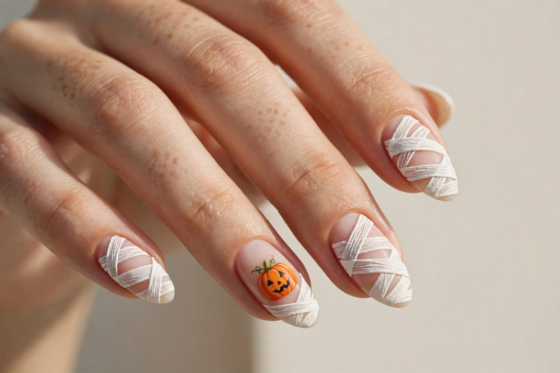 White mummy wraps with orange pumpkin accent nail