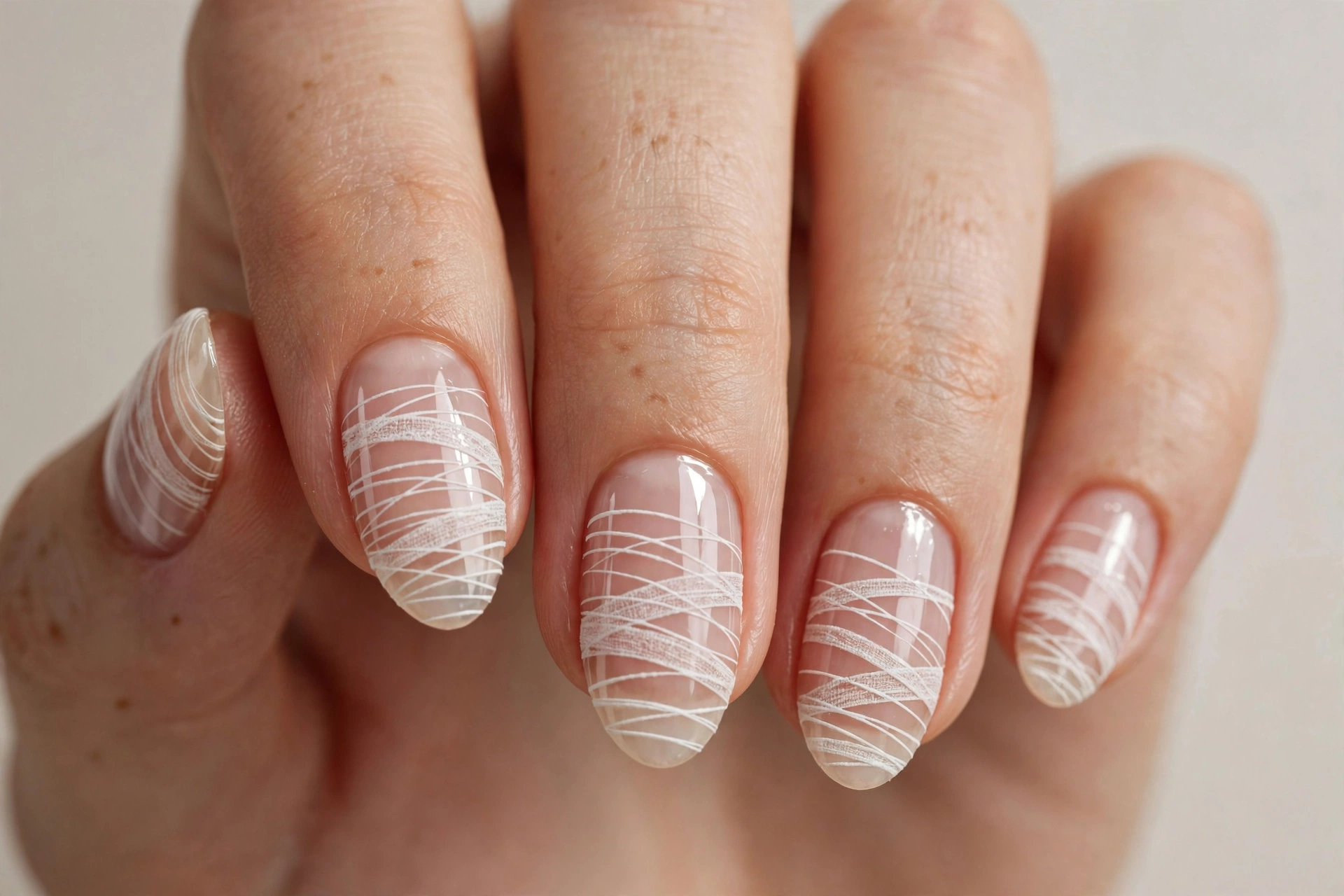 Glossy thin white mummy wrap lines on nails