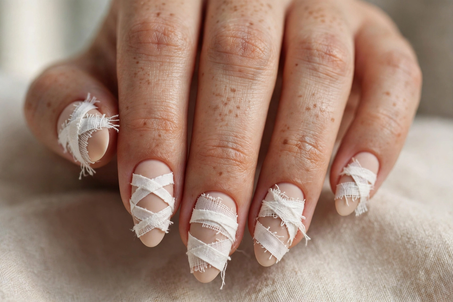 Asymmetrical white mummy bandages on matte nude nails