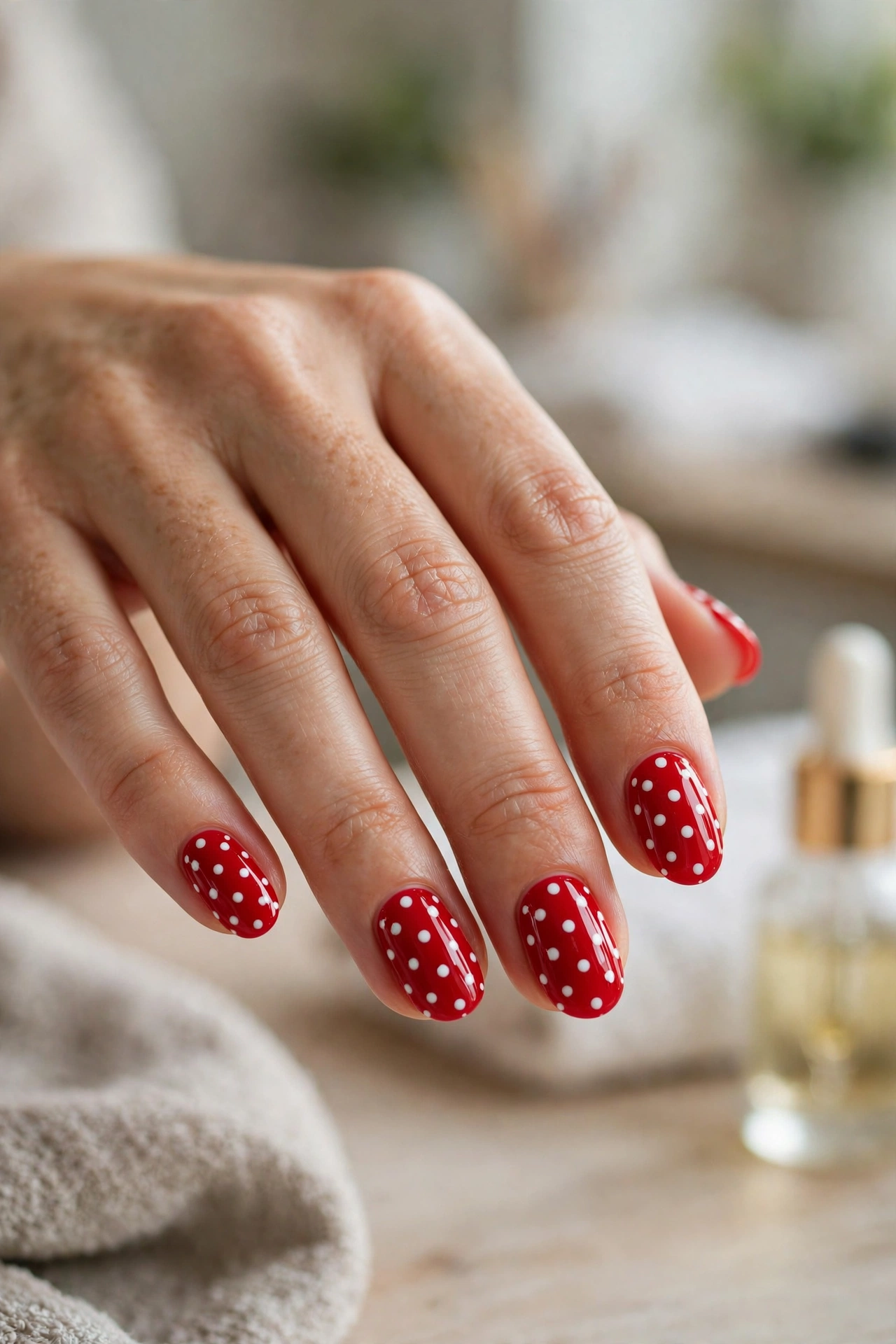 Red nails with white polka dots Minnie inspired