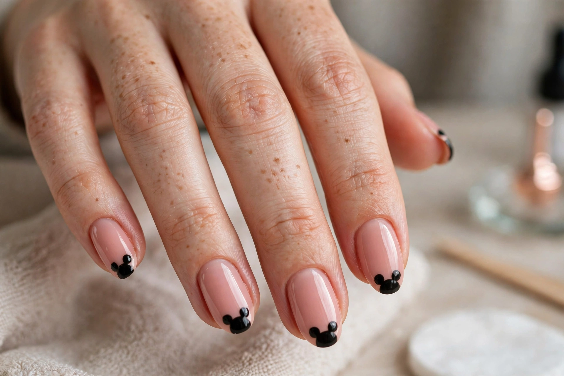 Nude nails with mouse ear silhouette nail art