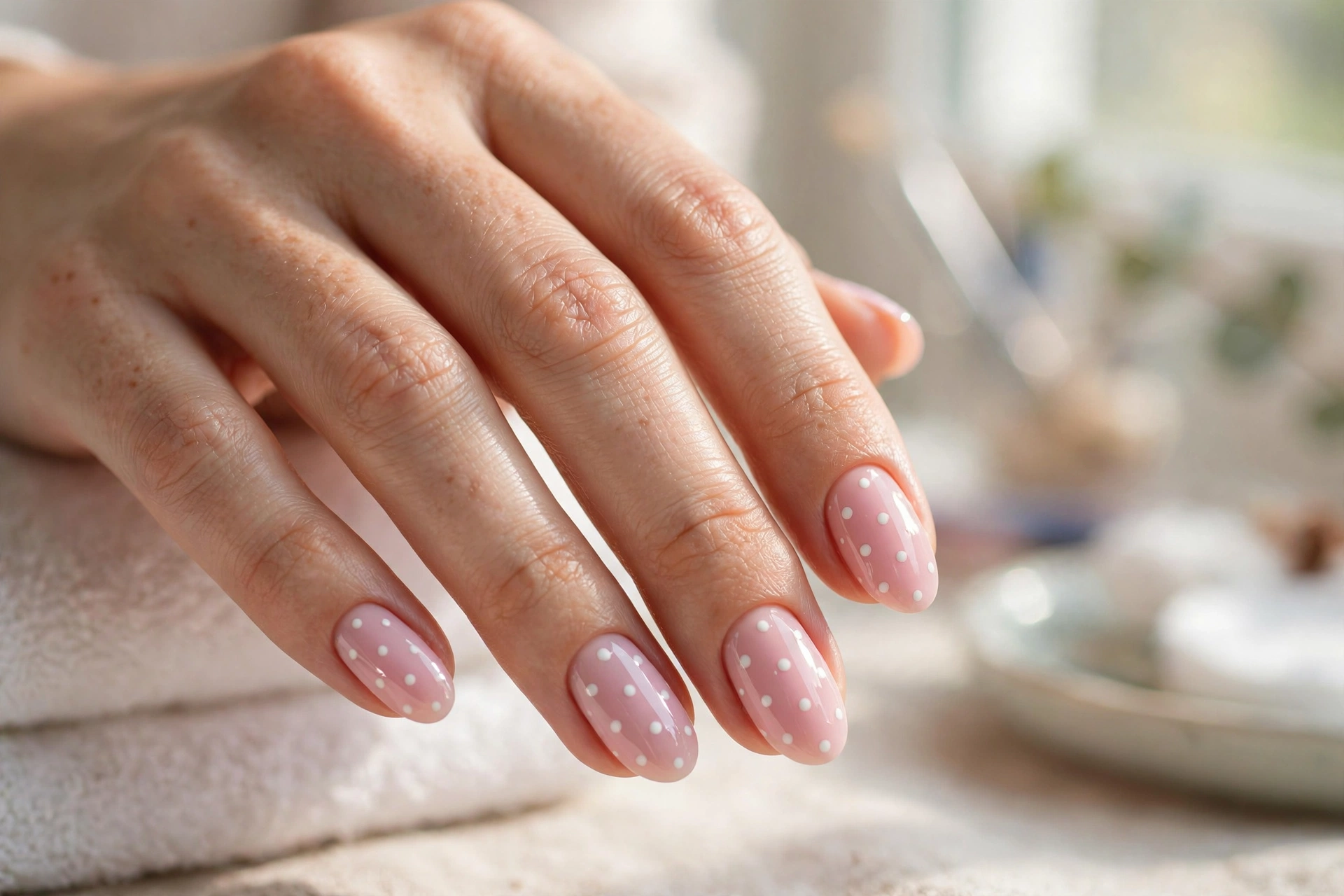 Pastel pink nails with white polka dots