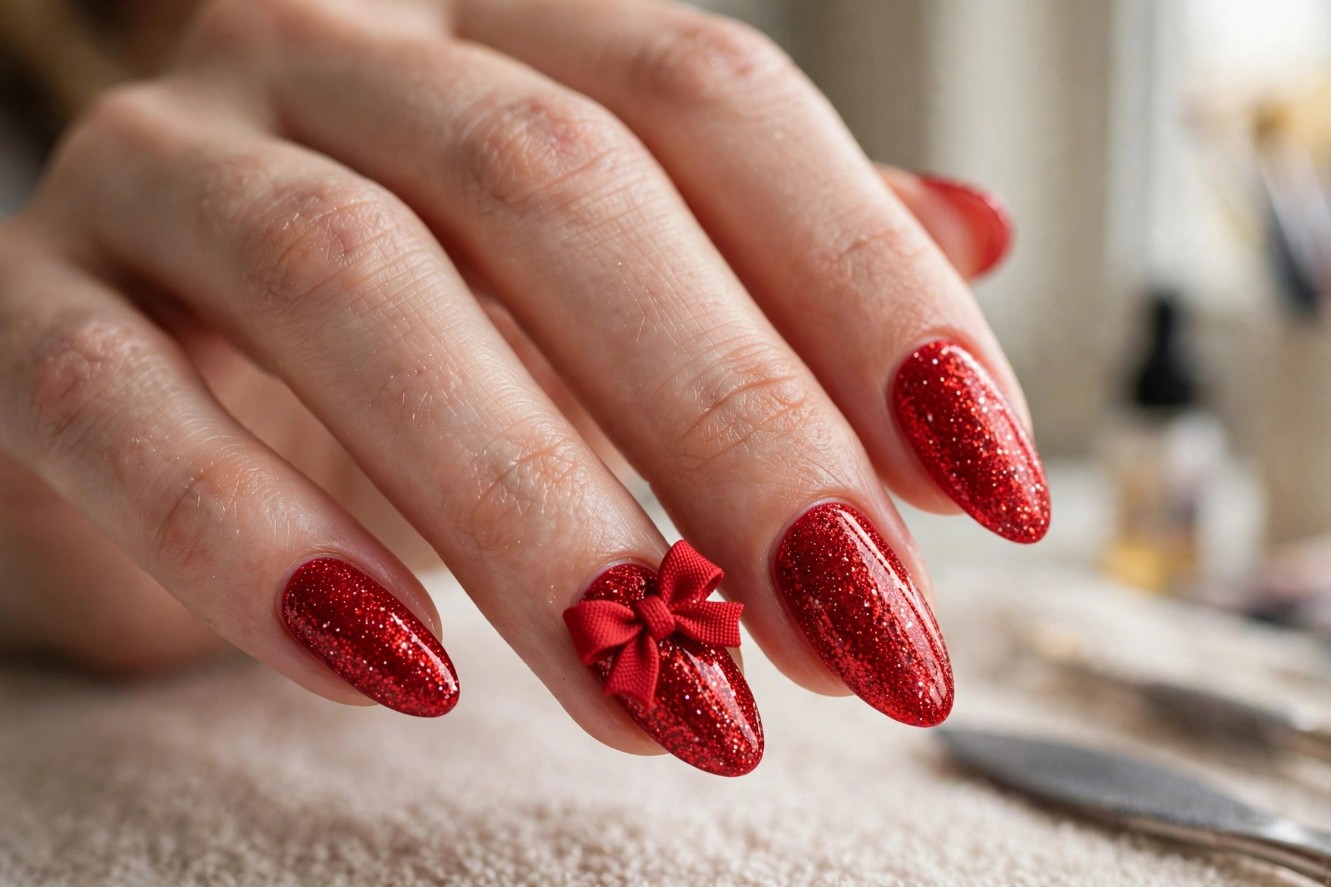Red glitter nails with bow decoration