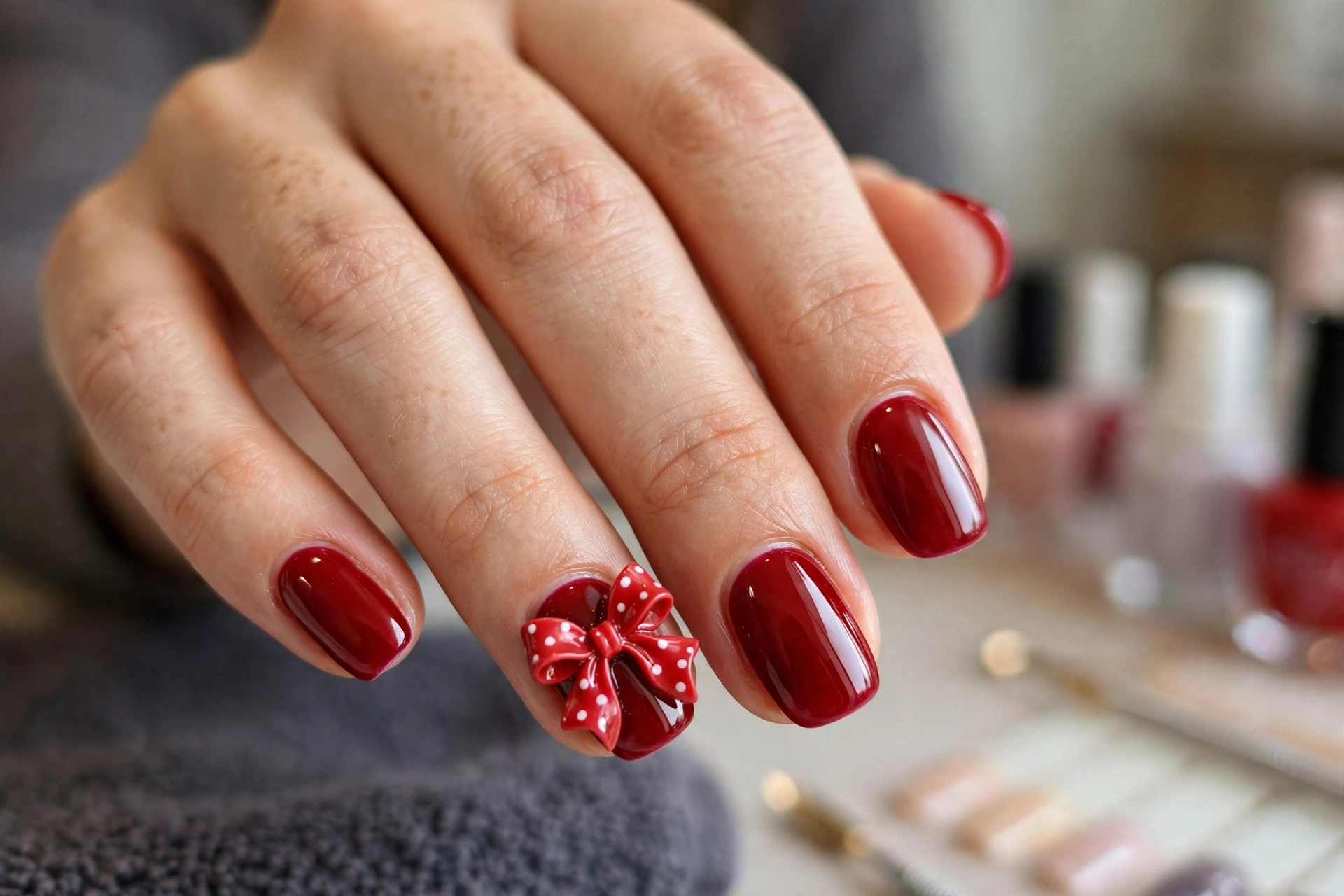 Red nails with 3D bow charm accent
