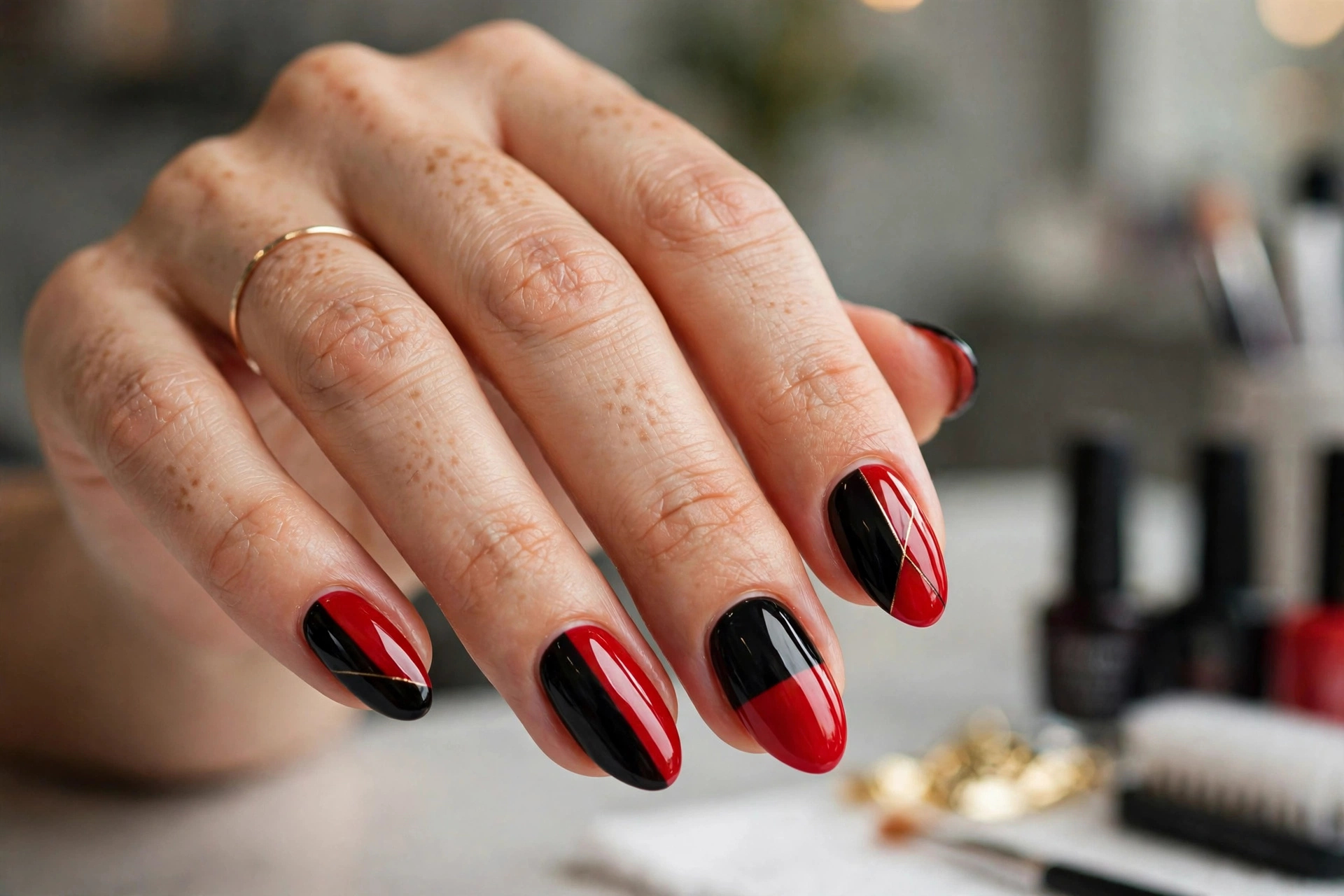 Red and black color block geometric nails